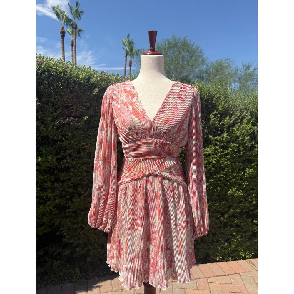 NWOT ASTR the‎ Label Pink Floral Pleated Mini Dress V-Neck Balloon Sleeve Size S